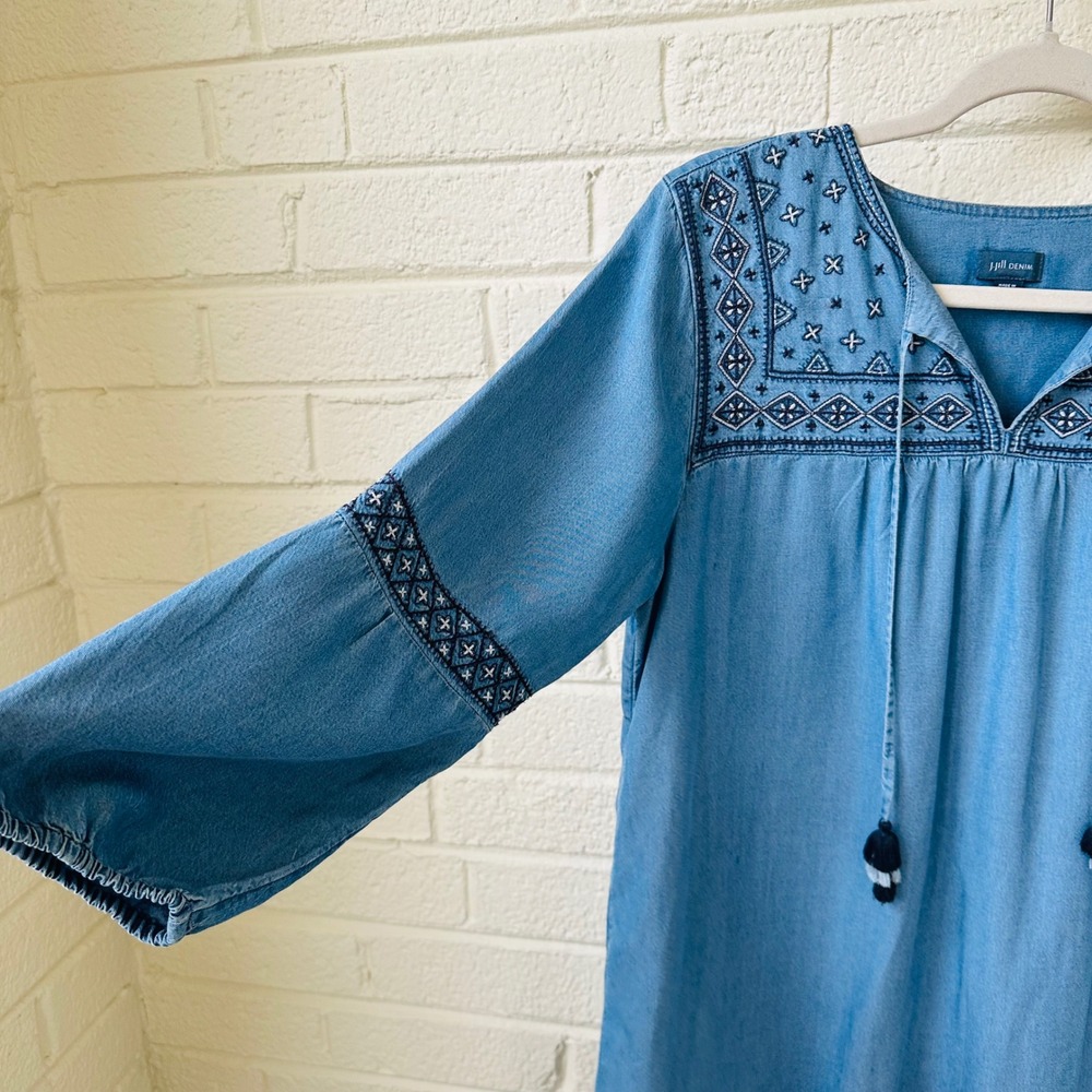 J Jill Denim Tencel Embroidered Boho Chambray Shift Dress Small Blue Tassel - Picture 3 of 7